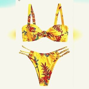 🌟NWOT Luxe Tropical Mustard Yellow Two Piece Bathing Suit Size L🌟